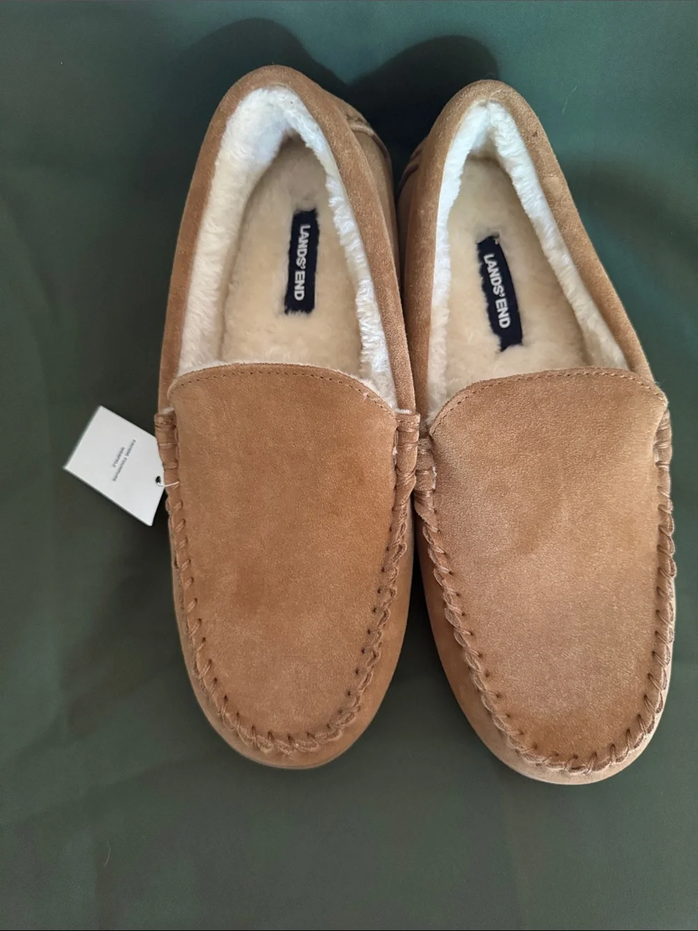 Lands' End Men's Chestnut Suede Moccasin Slippers with Faux-Shearling